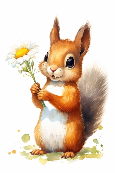detailed watercolor illustration of cute happy squirrel with a daisy, clipart, plain isolated white background, 8k ultra detail high sharpness