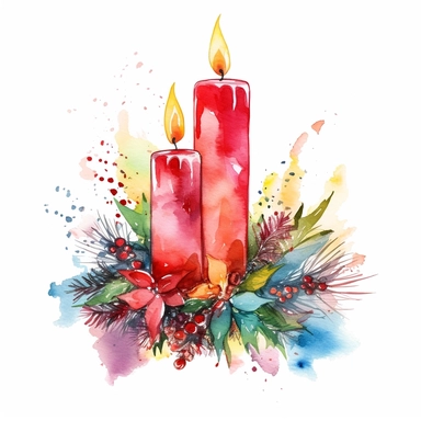 watercolor Christmas wreath adorned with christmas candles clipart, vibrant colors, add glitter, on a white background