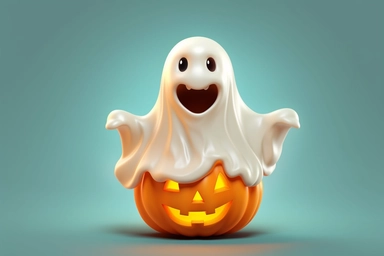 Cute ghost. Happy halloween ghosts characters, spooky expression creature. Funny scary magic demon with pumpkin, mystery creative nowaday vector clipart, realistic, full frame, very detailed