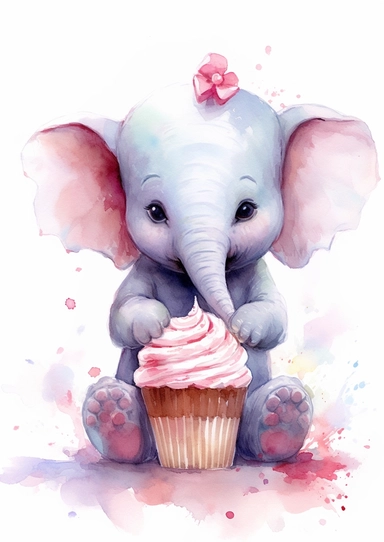 cute elephant sitting down eating a cup cake, clipart, water colour hd,