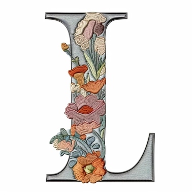 Floral Machine Embroidery, detailed illustration, clipart, white background, letter I: