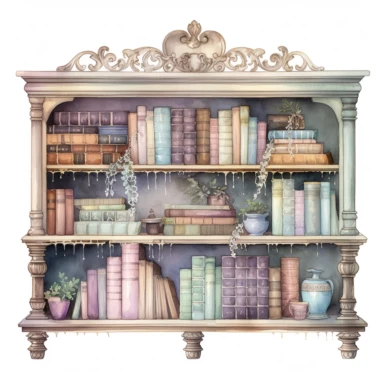 Pastel watercolor Victorian Antique Bookcase A tall bookcase with intricate woodwork showcasing a collection of vintage books with beautifully worn spines accentuated by delicate pastel-hued bookends clipart isolated on white background, Soft sky blue and pale lilac with touches of antique cream pastel color palette, in brush style of Willem Haenraets, clean edges around image, in the style of pastel watercolor illustrations, feminine sensibilities, detailed illustrations, heavy shading, delicat