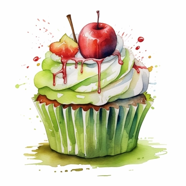 delicious halloween cupcake with Autumn apple orchard , watercolour illustration clipart, extremely detailed, 4k, high quality, colour scheme black, lime green, red and white , , isolated on white background - <@1098423716465102849> (relaxed) - <@1098423716465102849> (relaxed) - Image #3 <@1098423716465102849>