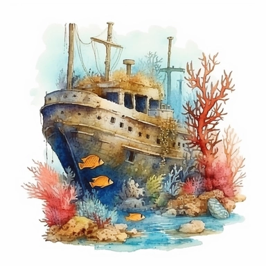 watercolor underwater shipwreck, in a cove , fish coral plant and bubbles, shades of coral turquoise yellow and blue, glamorous, very detailed and realistic, white background with margins, clipart style