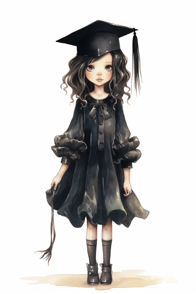 watercolor mixed media goth steampunk girl entire body in goth steampunk graduation dress illustration clipart by holly hobbie