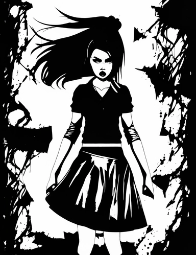 angry goth woman in skirt black and white vector clipart
