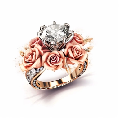 jewellery gold engagement ring with diamonds near roses digital clipart on white background