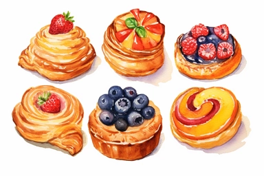 watercolor Danish pastry clipart, hd, white background, spaced out