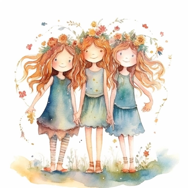 watercolour clipart, separate elements, Embark on a whimsical journey with Bells, Creamy, and Flowery - three young girls who weave wonders and magic from paper. Their artwork flourishes in the enchanting realm of watercolour, where every stroke tells a story. Meet Bells, the sweet and scatterbrained dreamer, with a great sense of humor. She immerses herself in the world of digital design, creating exquisite papers for scrapbook albums. Though she may often forget things, her delicate touch and 