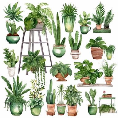 Watercolor House Plants Clipart. Indoor Plants Elements. Monstera, Cactus Illustration. Boho Home Decor Clipart. Home green garden. Plants in pots