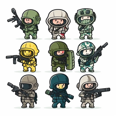 10 stickman soldiers stickers collection, clipart design, cartoon, 4k, white background, photo realism