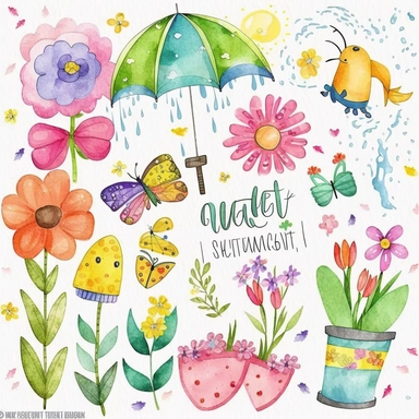 Please create a series of watercolor clipart illustrations featuring different items related to spring. Each illustration should be drawn in a charming and playful style that captures the beauty and vibrancy of the season. Items to include can be flowers, butterflies, birds, bees, rain boots, and umbrellas. Please use a coherent color palette that is bright and cheerful, but also soothing and calming. Colors that are associated with spring, such as greens, blues, pinks, and yellows, should be us