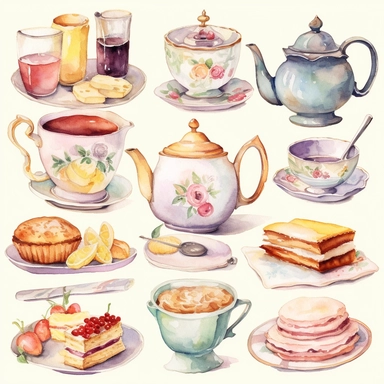 Watercolor vintage tea party items, illustrations clipart set, simple, soft colors, cartoon elements, different variants, teapot, sugar bowl, bun, jug of milk, cake stand, scones, china cup and saucer, , napkin, clotted cream, , knife, fork, jam, slice of cake on plate, tea cups, stacked teacups, lemondish, butter and bisciuits, , tea jars, , separate elements with a margin