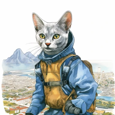 Russian Blue cat wearing a South African zookeeper’s costume, standing on the Table Mountain in Cape Town, different directions observing and protecting the wildlife. Watercolor & Gouache painting, Premium clipart, clean line, on only white background, spaced out, complex design, hyper realistic, super detailed, dynamic pose, 32k UHD