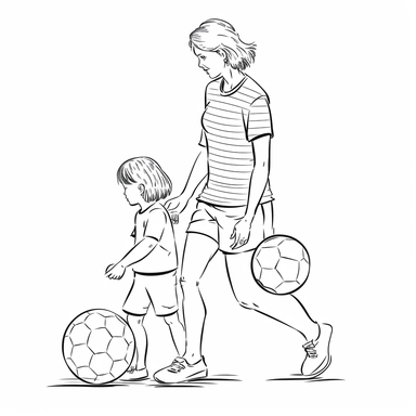 coloring page for kids of a mother and a child playing football, full body view, white neutral background, clean line art, low details , 1,5px thick black lines, simple clipart. simple