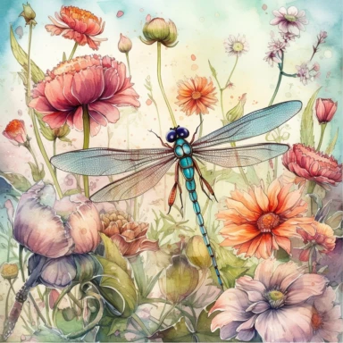 artwork in the style of cicely mary barker, clipart, whimsical watercolour illustration of a cute dragonfly and flowers, very colourful, watercolor clipart, book cover illustration, hyper HD