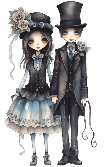 watercolor mixed media goth steampunk boy and girl entire body in goth steampunk wedding décor illustration clipart by holly hobbie
