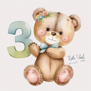 watercolor cute bears holding number 3 clipart