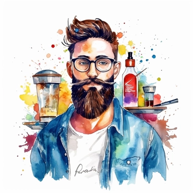 close shot of a man with beard and stylish haircut, barbar, holding sizer and barbar stuff, water color clipart, White background