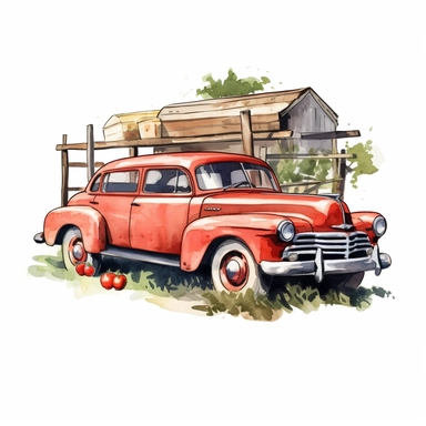 tomatoes on a wooden hanger, watercolor clipart & clip art, in the style of light red and dark gray, narrative paneling, classic american cars, uhd image, hand lettering, depiction of rural life, wood