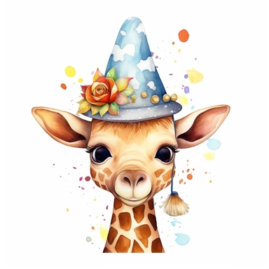 a captivating watercolor clipart image with a white background and white margins, featuring a cute sweet kawaii extremely happy smiling baby giraffe in a hat and a tie. The ultra-detailed, hand-drawn elements capture the details. Use vibrant shades of various colors to create a visually appealing image