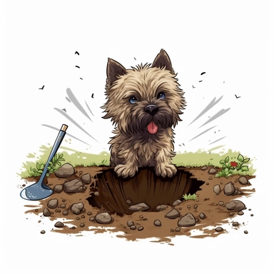 Cairn Terrier, digging in the dirt, Cartoon, Clipart, white background, no text, no caption