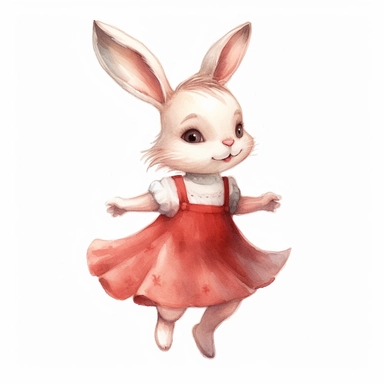 Cute child white rabbit, with hazel eyes, wearing a red dress, no hair, in profile running and happily playing, for children`s book illustration style, Watercolor Clipart, strybk, full Illustration, 4k, sharp focus, watercolor, smooth soft skin, symmetrical, soft lighting, detailed face, concept art, muted colors, watercolor style, strybk, children's style fairy tales, chibi kawaii, . Octane rendering, 3d. Perfect face, detailed face, delicate face, perfect sharp lips, detailed eyes, watercolor 