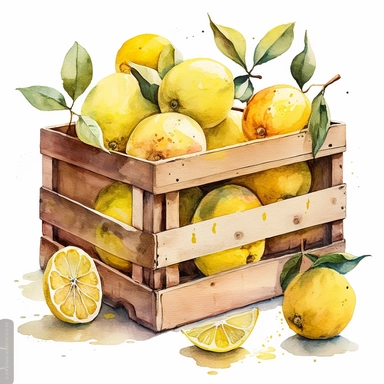watercolor clipart of wooden crate full of ripe lemons, no text, pure white background