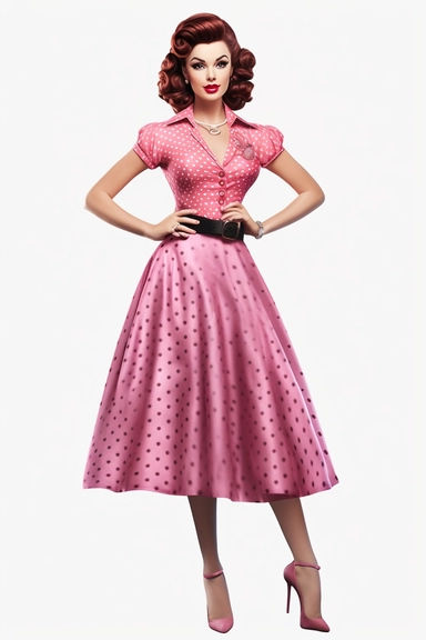 full body shot of a posing housewife against white background, in the style of vintage-inspired pin-ups, realistic figures, polka dot madness, pink and amber, against qhite background clipart png