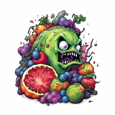 zombie fruit, cartoon, colored pencils, white background, black outline, Clipart extremely detailed