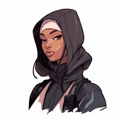 clipart, anime style urban black women wearing a luxury streetwear balaclava, golpcore, rapcore, techwear streetwear luxury fashion centered with margins on a isolated background