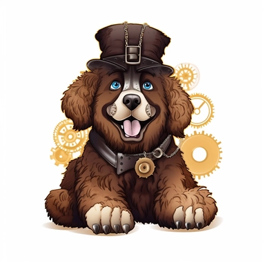 friendly and happy newfoundland dog, with cute eyes, in the style of steampunk, clipart, white background, lots of cogs,