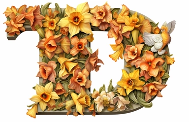 daffodil clipart, flower alphabet digital art, in the style of warm color palette, eduard gaertner, calculated, historical illustration, panoramic scale, 1970–present,