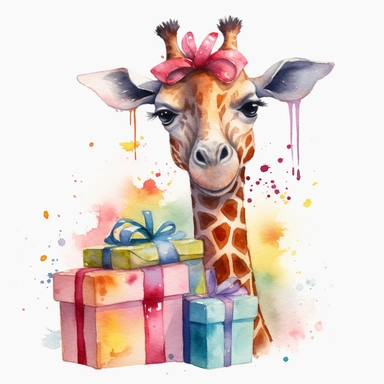 please create watercolor clipart of a giraffe, smiling, wearing party clothes with birthday presents, colorful