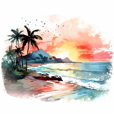 Clipart on white background Dominica Beach Sunset landscape water color