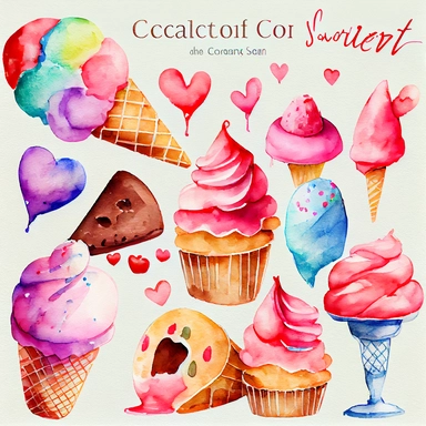watercolor, hand painted, valentines day treats, cupcakes, candy, ice cream soda, cakes and cookies clipart set,