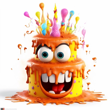 clipart of a messy two layer birthday cake, there is a funny face in the cake, candles, cartoon, for kids, funny, pixar, 8k, white background, sharp focus, detailed,