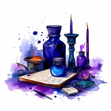 a wizzard study space with scrolls, candles, books, magical items, potions, watercolor, clipart, airbrush art, scientific illustrations, realistic color schemes, intense navy blue anddeep purple colors, white background