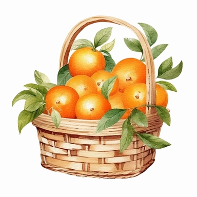 Watercolor Oranges in basket clipart white background