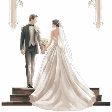 Bride and groom full body in church, fancy bride dress, high level of detail, vector clipart, white background