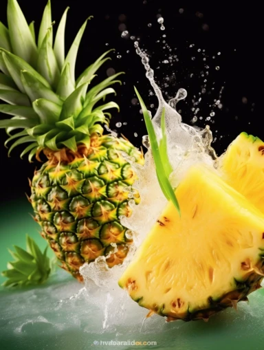 pineapple, fresh, juice splash, delicious temptation, green leaves, table background, food photography, canon camera, 8K, close up