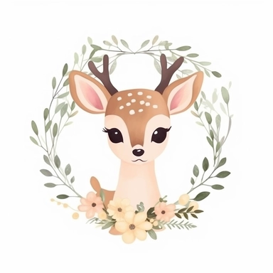 cute fawn in a dainty minimalist floral wreath, magical, kids art, clipart, isolated white background, 8k