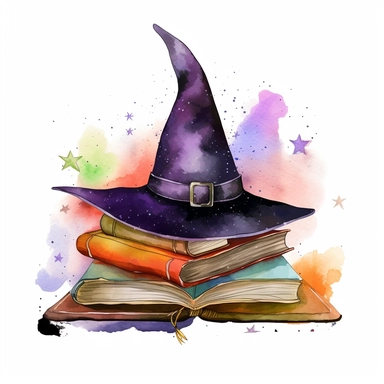 Witch Hat and Magic Book Watercolor Sublimation Clipart, Clipart, white background, no watermark, no text, no word,