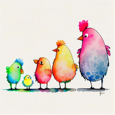 funny pink, yellow, blue, orange, and green chickens with hen mom, WITH BEAUTIFUL LEGS, like a best friend, cartoon style, white background, black outside lines, designs, white background, watercolor pencil drawing, small details, digital art, clipart, super acurate, –testp, pixar,