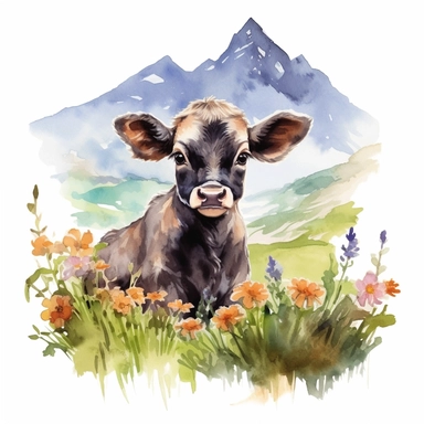 realistic watercolor baby cow sitting on the green grass with flowers with a nice mountain hill background on solid white background, clipart