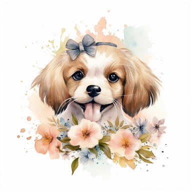 Watercolor cute dog with flower clipart, nursery art style, white background