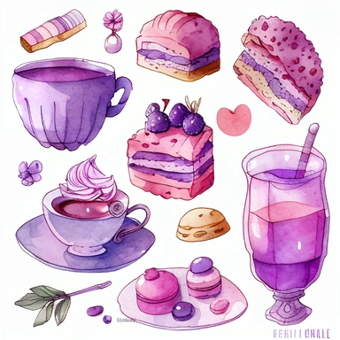 Draw a set of cartoon - style watercolor illustrations of a lavender - themed afternoon tea in shades of purple and pink. The images should have a elegant, refined, and sweet aesthetic, incorporating elements such as lavender - scented desserts, teas, and other culinary items such as macarons, scones, and a teapot. Individual images cliparts