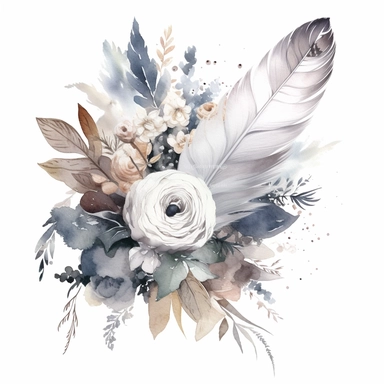 Watercolor dusty greay and white feathers bouquet clipart white background no text wedding style thick outline eligible for transparent background