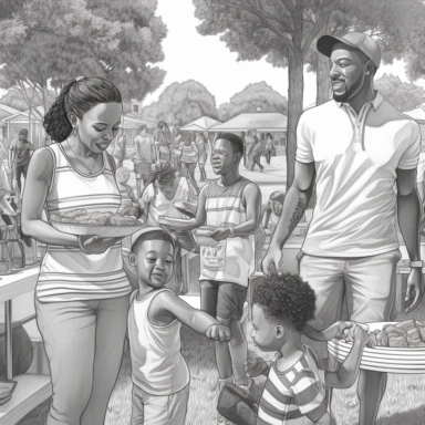 hyper-realistic line drawing of full body images of beautiful modern day black family of various ages in park , children are running and playing in background as adults are laughing & talking with each other as they have a holiday cookout with bbq, hot dogs, hamburgers, ribs and soda, they are in happy, laughing mood, detailed facial expressions, intricate detail, clip art, editorial magazine cartoon style, 8k, 16:9