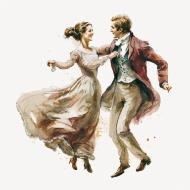 Beautiful regency man and woman dancing, vintage tones, on a white background, watercolor, hyperrealism, high detail, separate elements, clipart